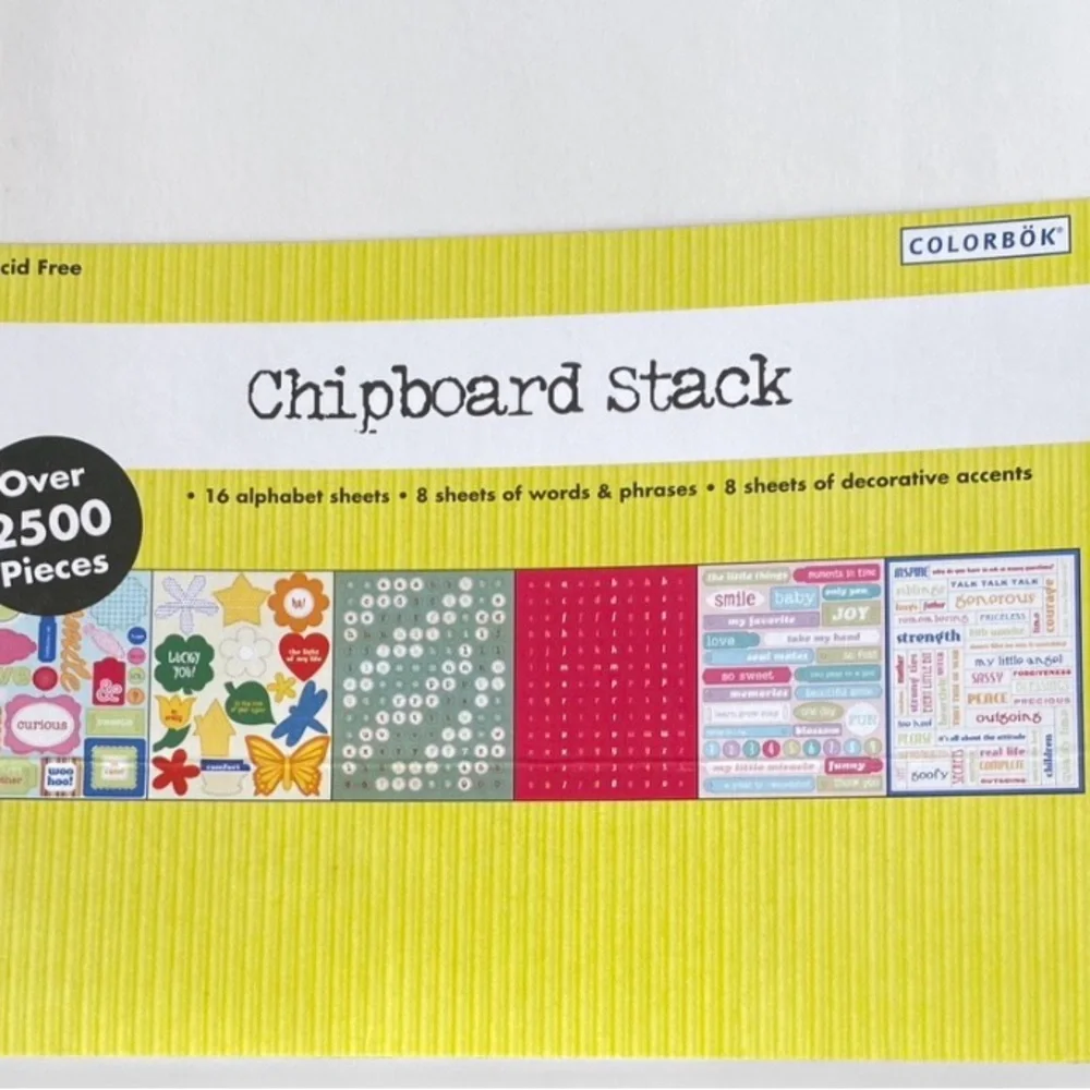 Colorbok Chipboard Stack 32 Sheets Alphas Words Tags Shapes Scrapbook Craft Kit
